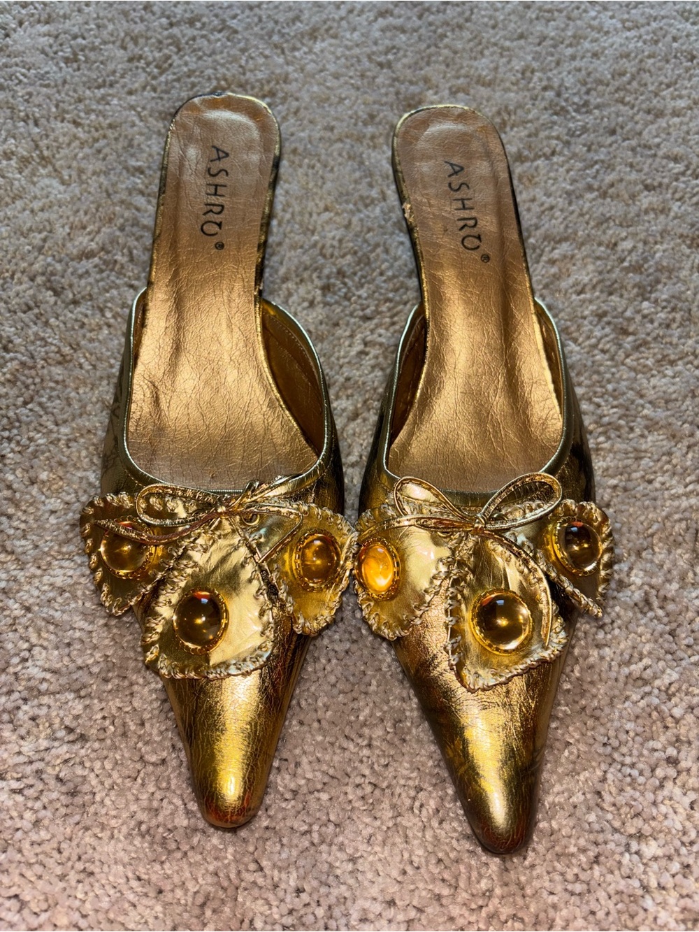 Ashro Metallic Gold Pointed Toe Jeweled Brocade Fan Mules Stiletto Heels Size 11